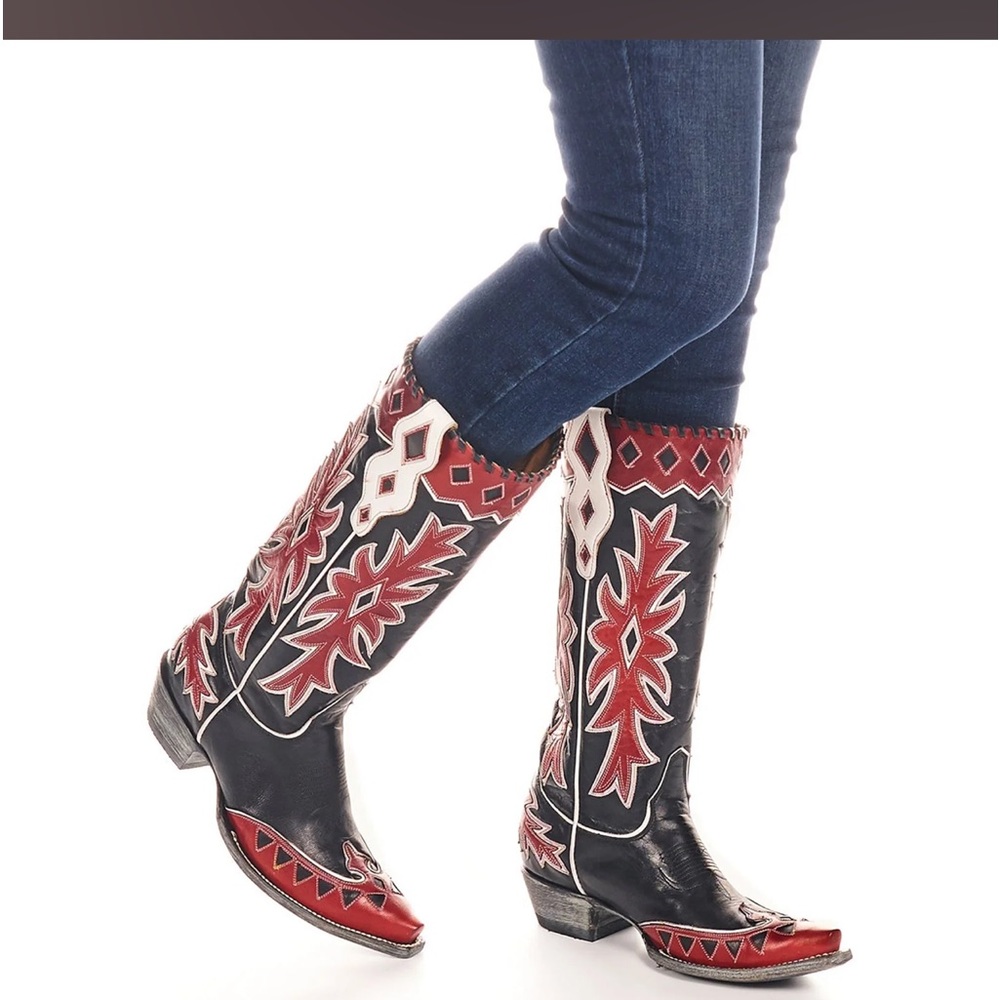 Old Gringo Black and Red Embroidered Leather Heeled Cowboy Boots - Picture 2 of 15